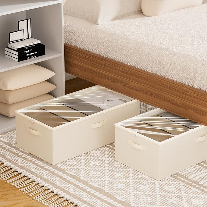 Chizjox 10inch 3 Pack Under Bed Storage Containers, 10 Inch Tall Underbed Clothes Storage Organizer Bin with Clear Window，Foldable Box Basket for Clothes, Closet, Bed Sheets and Blankets Beige
