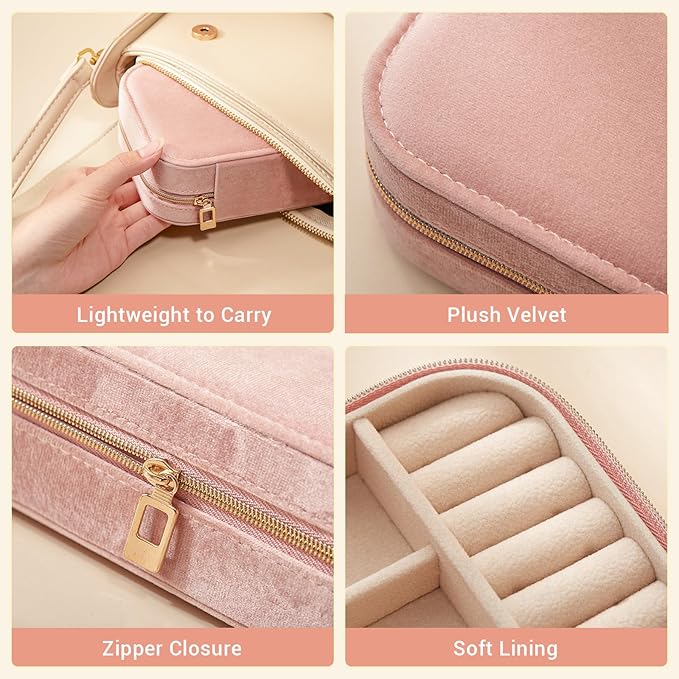 CASEGRACE Plush Velvet Travel Jewelry Box, Portable Jewelry Case for Women Girls, Double Layer Jewelry Organizer Display Box for Necklace Earring Rings Bracelet, Travel Accessory Gifts, Pink