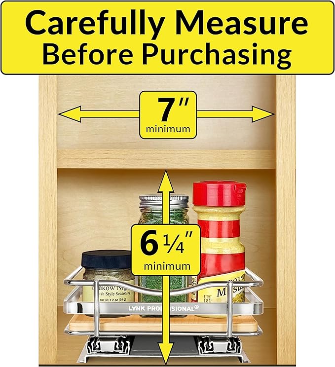 LYNK PROFESSIONAL® Élite™ Pull Out Spice Rack Organizer for Inside Kitchen Cabinets - 6-3/8 inch Wide - Slide Out Drawer – Wood/Chrome Sliding Spice Cabinet Organization Shelf Racks - 1 Tier
