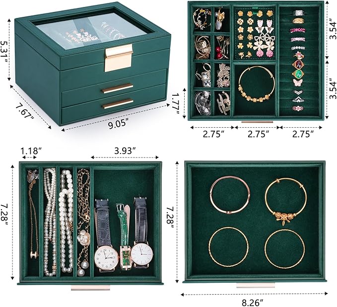 3-Layer Jewelry Box for Women, Jewelry Organizer with Glass Lid and Drawers, Jewelry Organizers and Storage for Necklaces, Rings, Earrings, Bracelets - White/Green/Black
