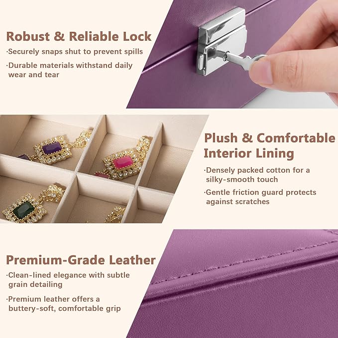 Homeanda Jewelry box 2 layer Jewelry box Leather Jewelry boxes for Women Girls Teens Jewelry organizer box Jewelry Storage box with lock(Purple)