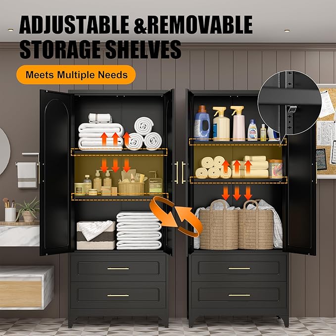 Metal Storage Cabinet with Doors and Shelves, 75" Tall Kitchen Pantry Storage Cabinets with 2 Drawer, Black Food Pantry, Home Office Cabinet, Large Cupboard for Kitchen, Dining, Living Room