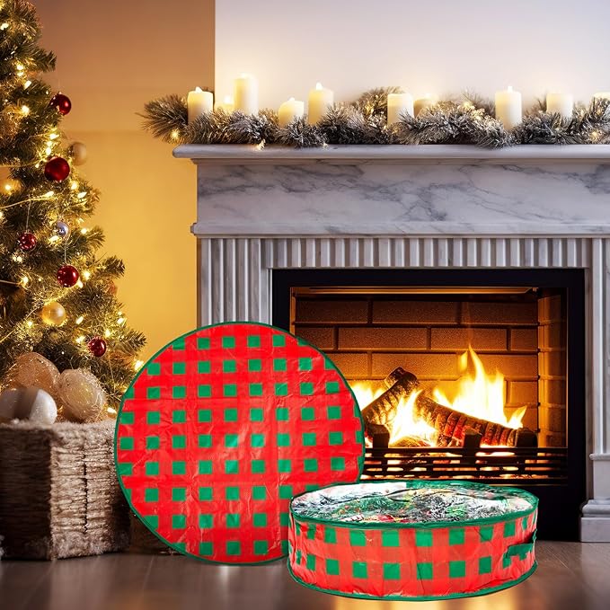 Aliceset 4 Pack Wreath Storage Containers, Christmas Ornament Garland Wreath Storage Bags with Handle Dual Zipper Large Decorative Storages Box for Winter Wreaths(24 x 24 x 7.8 Inch,Red Green Plaid)