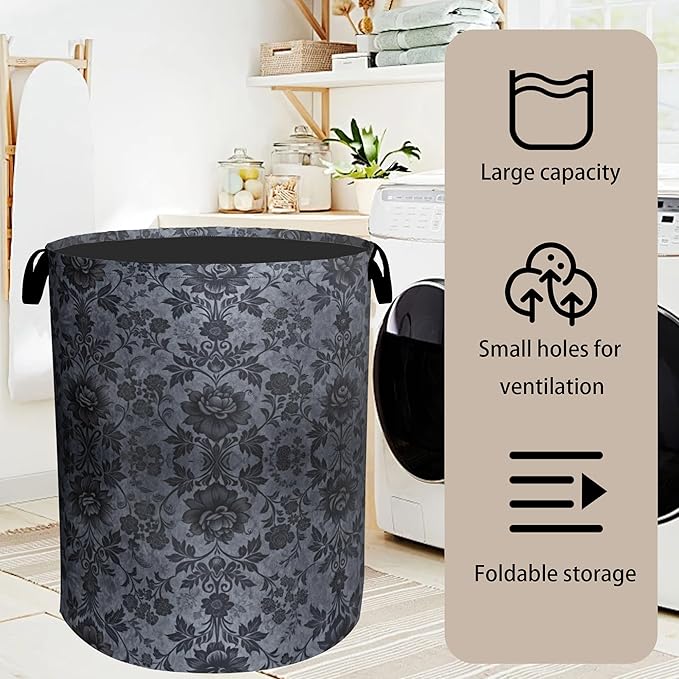 Black Damask Flower Laundry Basket - Large Laundry Hamper with Handles, Space Saving Foldable Design for Nursery