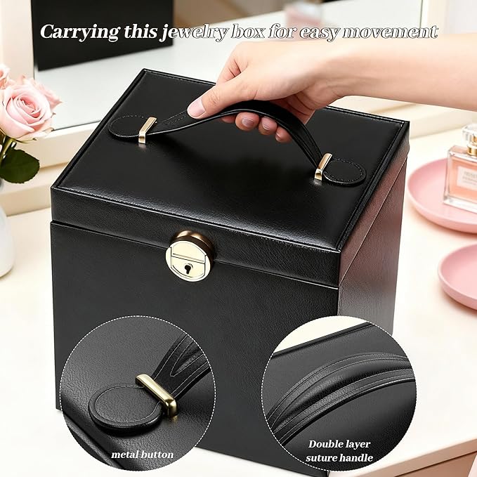 EnHomee Jewelry Box for Women, 5-Layer Large Jewelry Organizer with Mirror & 4 Drawers for Rings, Earrings, Necklaces, Bracelet Lockable Case with Lock (Black + Gold)