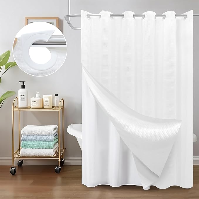 Inhousolu No Hook Waffle Weave Shower Curtain with Removable Snap in Fabric Liner Set for Bathroom, 230 GSM Heavy Duty Weighted Hem, Water Repellent Washable Bath Curtains, 72 x 72 Inch, White