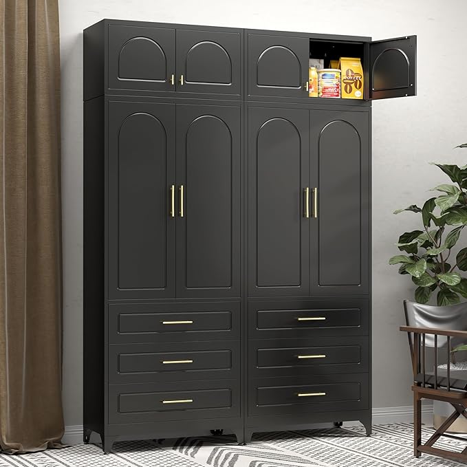 Metal Storage Cabinet with Doors and Shelves, 90" Tall Kitchen Pantry Storage Cabinets with 3 Drawer, Black Pantry Closet, Steel Large Cupboard, High Leveling Feet- Assembly Required