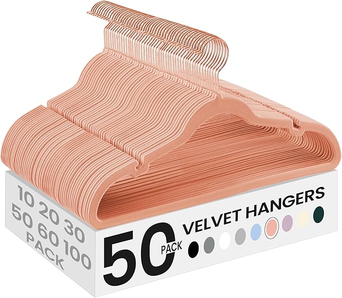 SONGMICS Velvet Hangers 50 Pack, Non-Slip Clothes Hangers, Suit Hangers with Shoulder Notches, Pants Bar, 360° Swivel Hook, Space-Saving, for Closet, Jelly Pink UCRF029PK05
