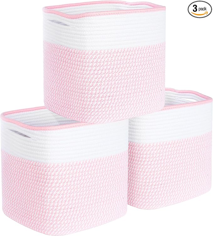 MINTWOOD Design 3-Pack 11x11 Inch Cube Storage Bin, Woven Storage Cube Organizer, Closet Organizer, Cute Square Storage Bins, Decorative Classroom Bathroom Pantry and Shelf Baskets, Light Pink