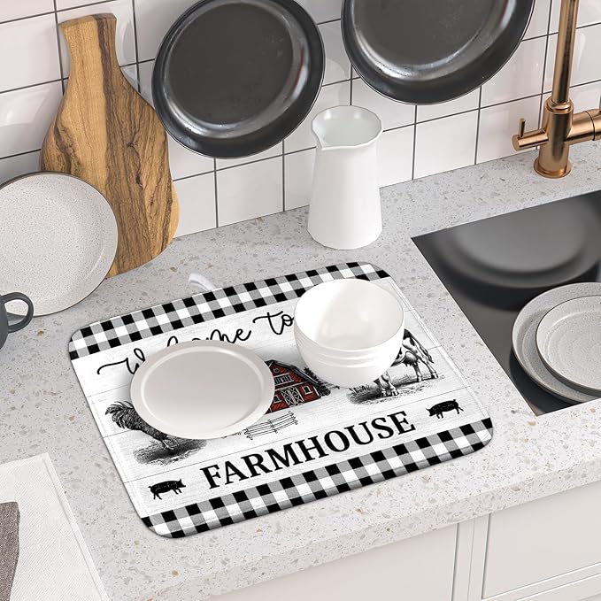 Farmhouse Barn Dish Drying Mat 16x18 Inch Cow Rooster Absorbent Microfiber Dish Drainer Rack Pad Bottles Protector for Kitchen Counter
