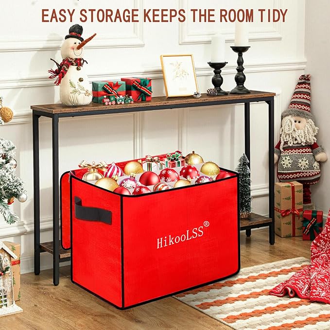 Christmas Ornament Storage Box - Stores up to 72 Holiday Ornaments with Adjustable Dividers,Covered Top and Two Handles,Double Zipper. PE Material Keeps Holiday Ornaments Clean and Dry (Red)