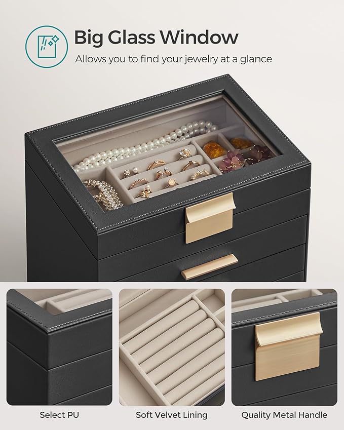 SONGMICS Jewelry Box Organizer with Glass Lid, 6-Layer Jewelry Storage, with 5 Drawers, Modern Style, 6.4 x 9.9 x 11.4 Inches, Graphite Black and Gold Color UJBC171B01