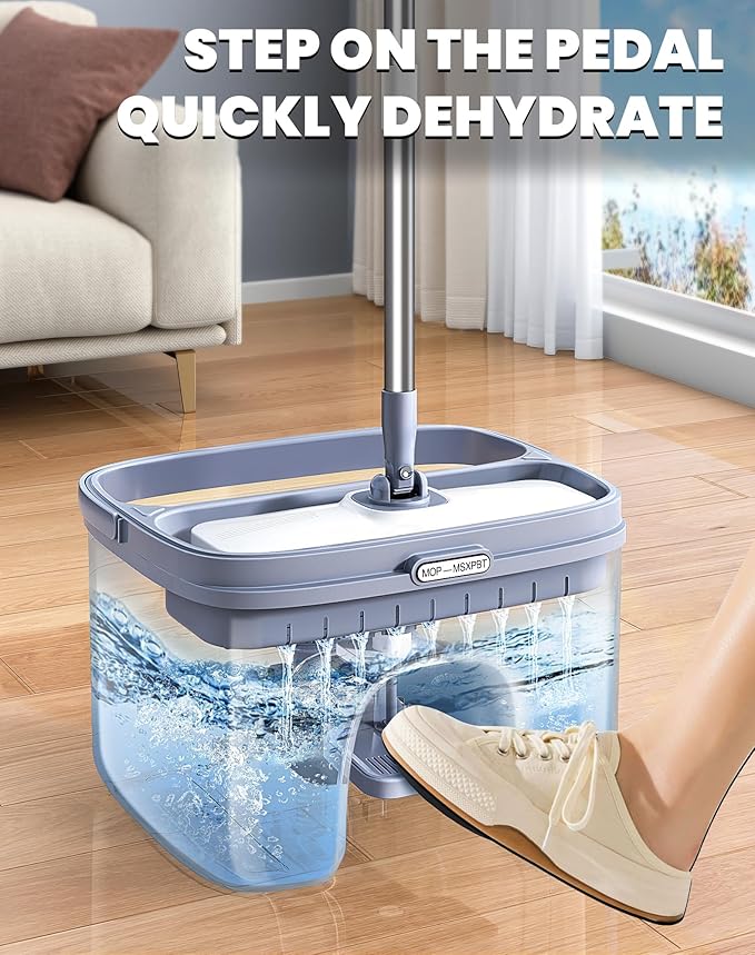 Flat Microfiber Mop and Bucket Set with Wringer, 360° Spin Mop for Floor & Wall Cleaning, 17.7x9in Wide Head, 4 Washable Pads, Hands-Free