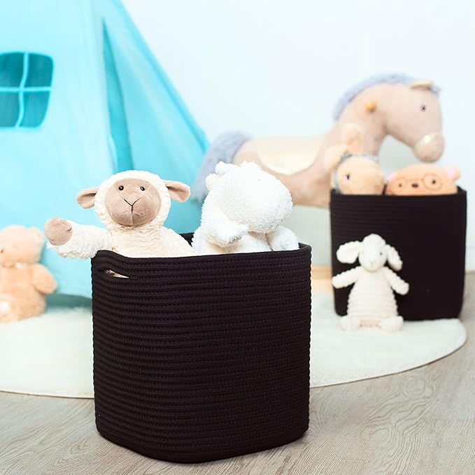 MINTWOOD Design 3-Pack 11x11 Inch Cube Storage Bin, Woven Organizer, Closet Cute Square Bins, Decorative Classroom Bathroom Pantry and Shelf Baskets, Full Black (MD-196)