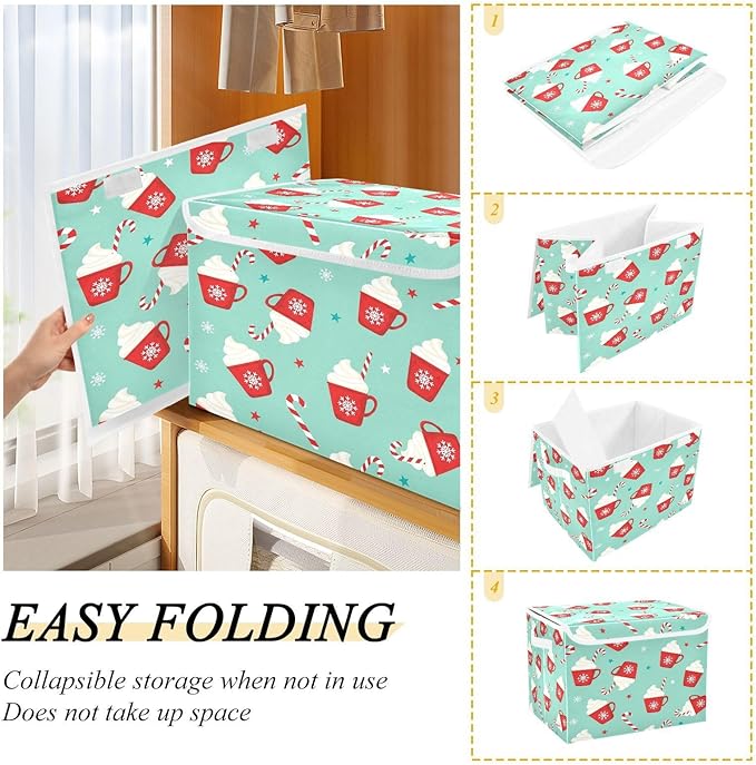 Red Mug Snowflake Whipped Cream Storage Bins with LidsChristmas Foldable Storage Basket with Handles Collapsible Large Fabric Organizer Containers for Clothes Shelves Closet Office Home