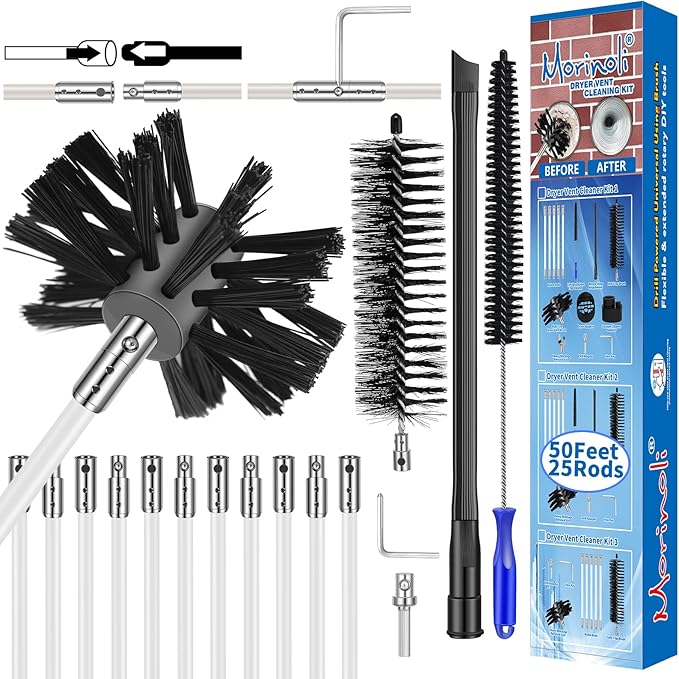 50 Feet Dryer Vent Cleaning Kit for Drill Lint Removes Dryer Vent Cleaning System Dryer Vent Cleaner Kit Vacuum Attachment Dryer Vent Nozzle Hose Attachment Dryer Lint Brush Vent Trap Cleaner