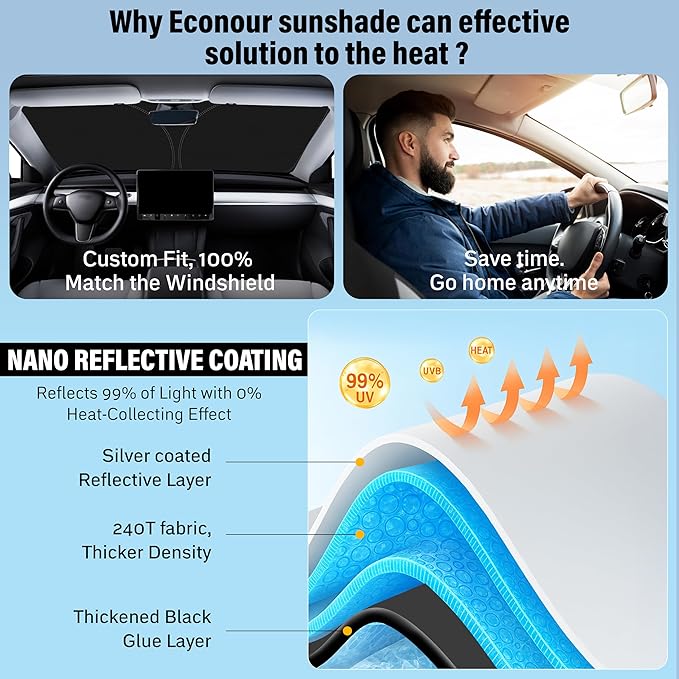 EcoNour Windshield Sunshade for Mercedes-Benz C-Class 2008–2014 | Custom Fit Front Window Sun Shade | Blocks Harmful UV Rays & Reduces Heat | Foldable Sun Visor with Storage Pouch