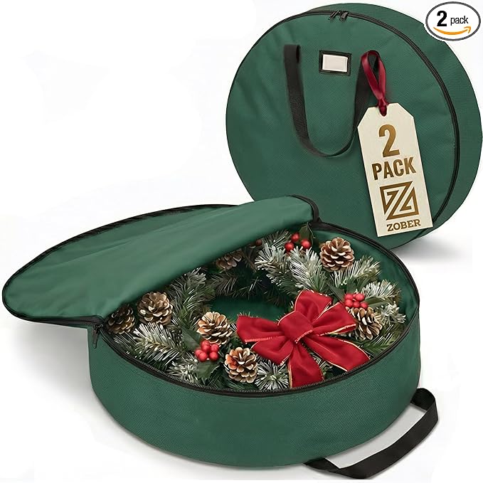ZOBER 2 Pack Oxford Christmas Wreath Storage Container 48 Inch - Wreath Bag for Artificial Wreaths Box - Waterproof Fabric, Dual Zippered Wreaths Storage Bag With Strong Durable Handles - Green