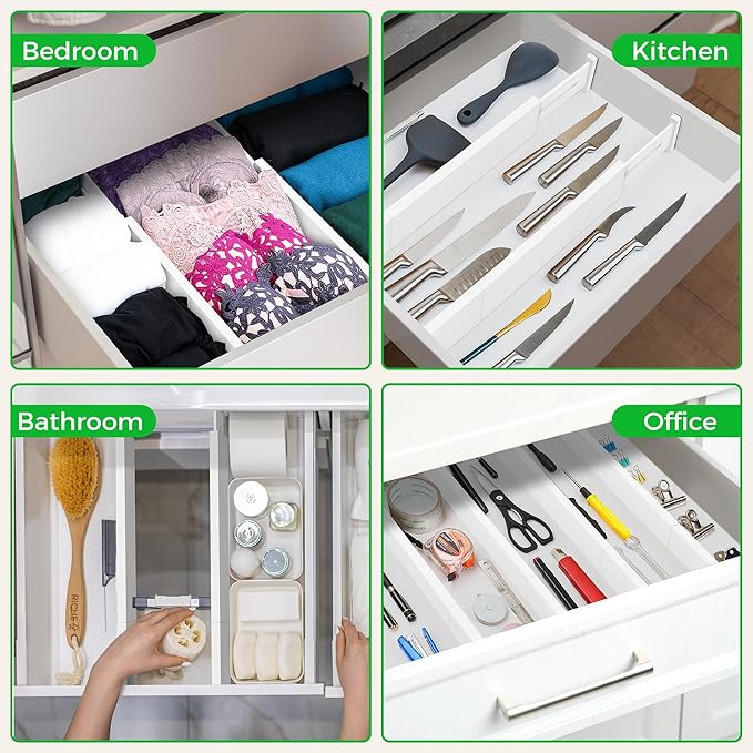 4 Pack Bamboo Kitchen Drawer Dividers with Inserts 2.6" High, Adjustable from 12.5 Inch to 21.7 Inch Drawer Organizers, Expandable Drawer Separators for Clothes, Bedroom, Dresser, Office (White)