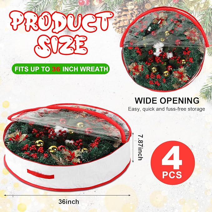 Aliceset 4 Pack Wreath Storage Containers, Christmas Ornament Garland Wreath Storage Bags with Handle Dual Zipper Large Decorative Storages Box for Winter Wreaths(36 x 36 x 7.8 Inch,White)