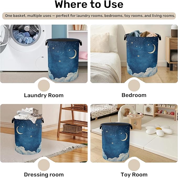 Starry Stars Moon Laundry Basket - Foldable Canvas Laundry Hamper with Handles, Heavy Duty Clothes Storage Basket for Home/Bedroom/Dorm