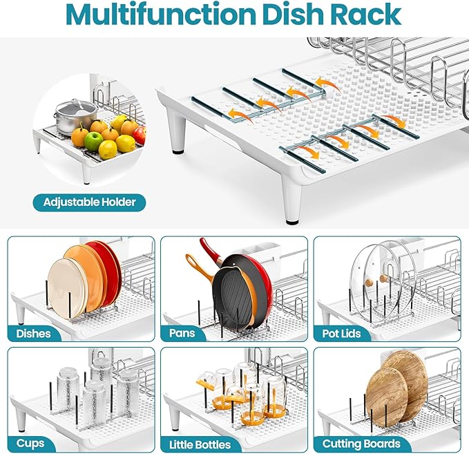 TOOLF Expandable Dish Rack, Dish Drying Rack for Kitchen Counter, Foldable Dish Dryer Rack, Stainless Steel Dish Drainer Racks with Cutlery Holder, Collapsible Dish Drying Racks Large Size, White