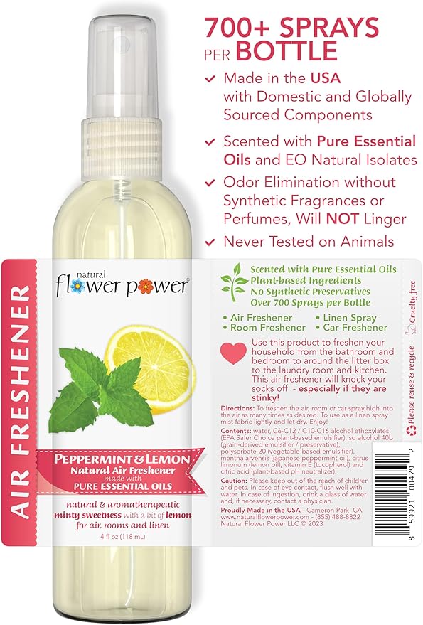 Natural Flower Power Air Freshener Spray - Odor Eliminator w/Essential Oils - Home, Car & Fabric - Cruelty Free & Vegan - Variety Pack - Citrus & Spice and Peppermint & Lemon - 2 x 4 fl oz