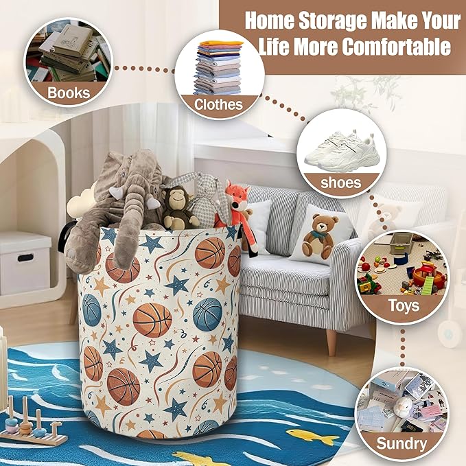 Basketballs Stars Laundry Hamper,Laundry Baskets,Waterproof Oxford Cloth Toy Storage for Bedroom,Bathroom,Nursery,16x20.8 Inch