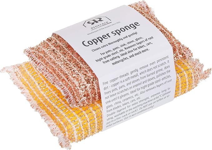 REDECKER Kitchen Woven Copper Sponge, 2-Piece - Abrasive Scrubber, Cleans Stainless Steel Appliances, Pots and Pans, Auto Parts and More, Machine Washable - Copper Cleaning Sponge