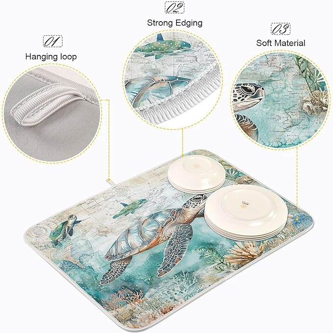 Nautical Theme Dish Drying Mat for Kitchen Counter Sea Horse Turtle Octopus Coastal Drying Mats Super Absorbent Reversible Microfiber Kitchen Countertop Protector Dishes Pad Large 18x24 inch
