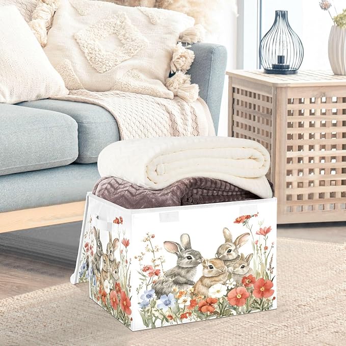 senya Easter Baskets Collapsible Storage Bins with Lids, Red Flowers Bunnies Storage Boxes Clothes Baskets for Organizing