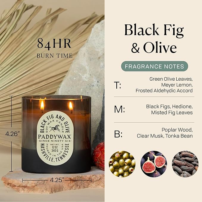 Paddywax Vista Scented Candle with Lid in Reusable Tonal Glass Jar, Clean-Burn 2-Wick Soy Candle with Approx. 84 Hour Burn Time, Decorative Gift Candles for Home, Black Fig & Olive, 12 oz