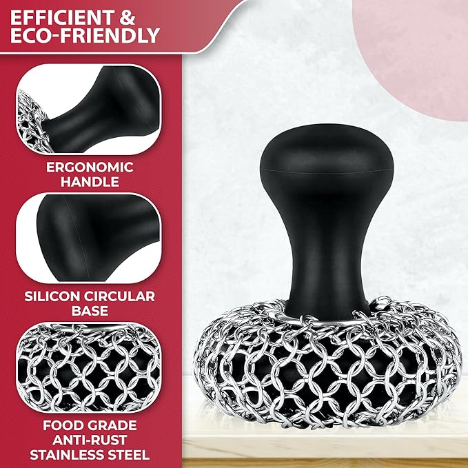 Zylark 316L Chainmail Scrubber Cleaner - Chain Mail Scrubber Cast Iron - Cast Iron Skillet Scrubber - Chain Scrubber with Long Handle