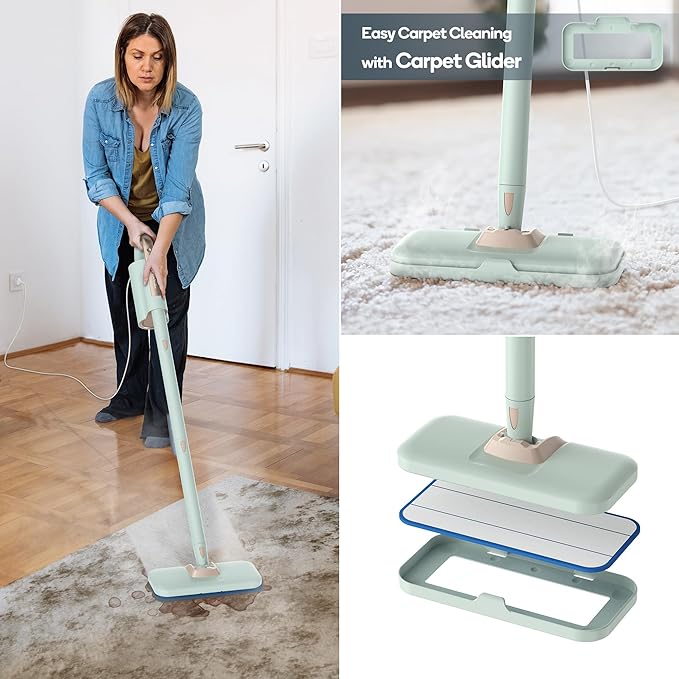 Newbealer Steam Mop & Detachable Handheld Cleaner, 250ml 1200W Powerful Floor Steamer, 3 Adjustable Levels for Carpet Laminate Hardwood Grout, Carpet Glider, 7 Multi-purpose Accessories & 2 Pads