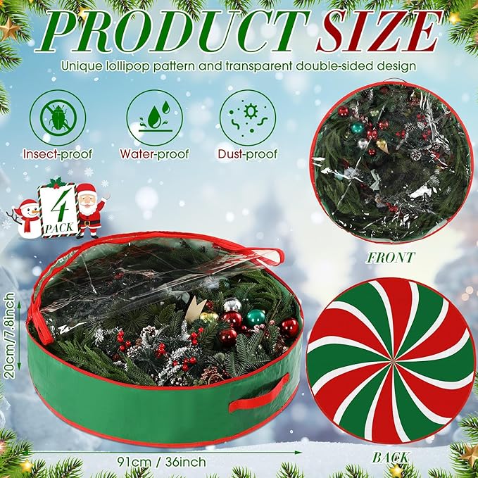 4 Pack 36 Inch Wreath Storage Containers, Hard Shell Christmas Garland Storage Bags with Handle Dual Zipper, Large Red Green Round Storages Box for Xmas Valentine Winter Wreath