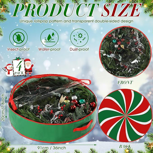4 Pack 36 Inch Wreath Storage Containers, Hard Shell Christmas Garland Storage Bags with Handle Dual Zipper, Large Red Green Round Storages Box for Xmas Valentine Winter Wreath