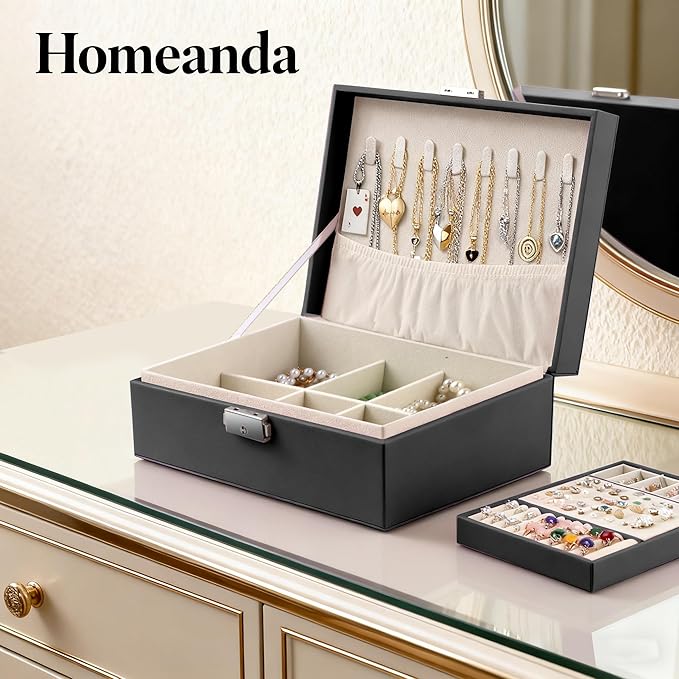 Homeanda Jewelry box 2 layer Jewelry box Leather Jewelry boxes for Women Girls Teens Jewelry organizer box Jewelry Storage box with lock(Black)