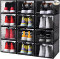 Large Black Shoe Storage Boxes Stackable, 12 Pack Hard Plastic Shoe Storage Organizer with Magnetic Door, Shoe Container Sneaker Storage Display Case Fit up to US Size 12 Black