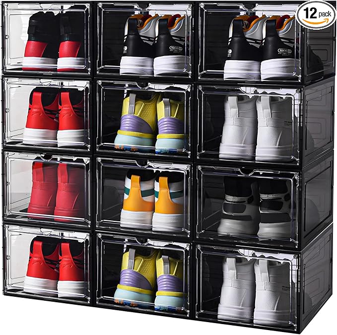Large Black Shoe Storage Boxes Stackable, 12 Pack Hard Plastic Shoe Storage Organizer with Magnetic Door, Shoe Container Sneaker Storage Display Case Fit up to US Size 12 Black