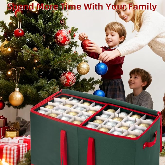 ININ Christmas Ornament Storage Box with Adjustable Dividers,Christmas Ornaments Organizer with Zippered Top,Storage Container Bin with Side Pockets for Holiday Decorations(128 Ball, Green, with Tray)
