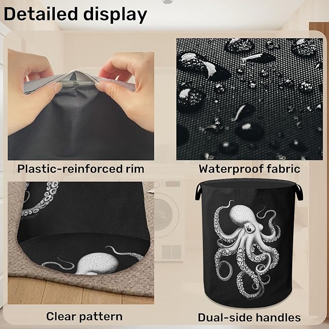 Black Octopus Laundry Basket - Heavy Duty 60L Dirty Clothes Organizer, Water Resistant Foldable Hamper for Men Women