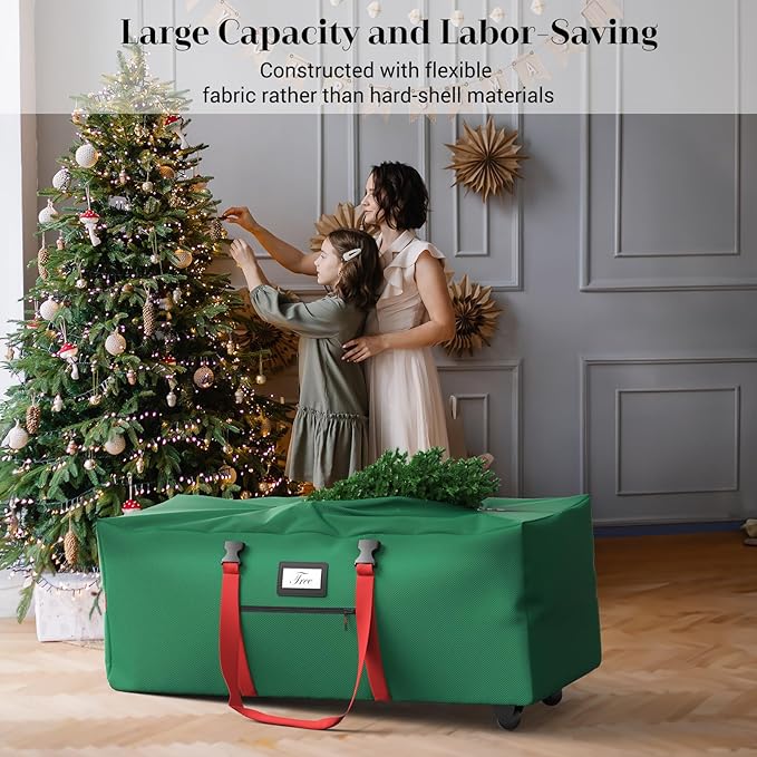 Rolling Christmas Tree Storage Bag for 9 ft Artificial Tree, 600D Waterproof Oxford Fabric, Large Christmas Tree Bag with Dual Zipper, Wheels, Handles, Heavy Duty Xmas Storage Container -Green