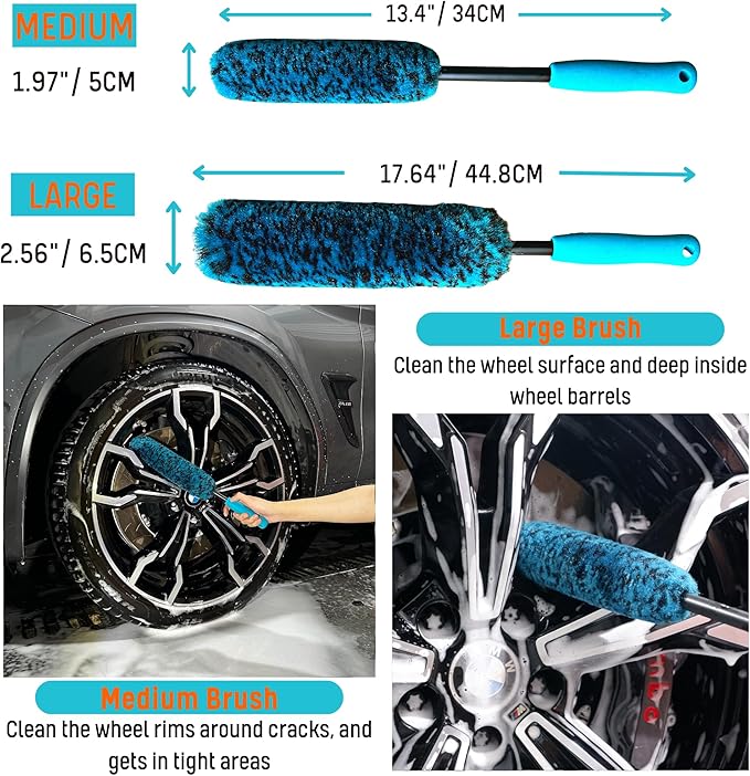 oesee 6PCS Car Wheel Cleaning Detailing Pro Kit, Tire Brush, 2 PCS Soft Woolies Rims Brush, Detailing Brush, and Tire Dressing Pads, Scratch-Free & Multipurpose Tire Brush
