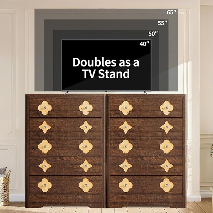 Garvee Dresser for Bedroom with 5 Drawers, 45'' Tall Chest of Large Decorative Drawer Front with Large Clothes Storage Cabinet, Wood Bedroom Dresser, TV Stand for Nursery, Living Room, Enterway