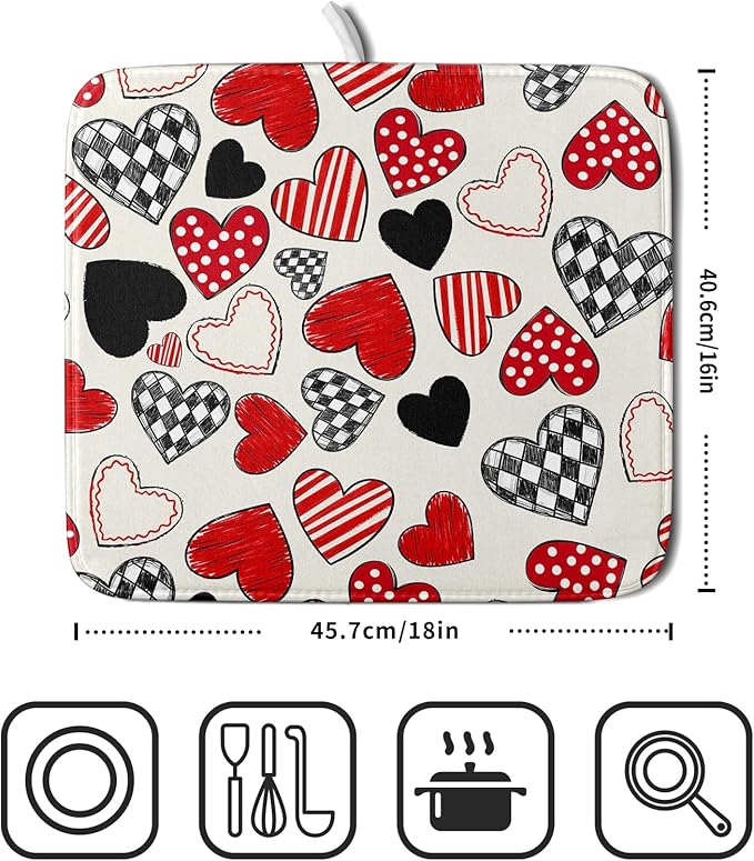 Valentines Day Dish Drying Mat for Kitchen Counter 18x16 Inch Red Heart Drying Mat with Absorbent Reversible Microfiber Holiday Love Dish Drainer Mats Rack Pad for Coffee Countertop Protector