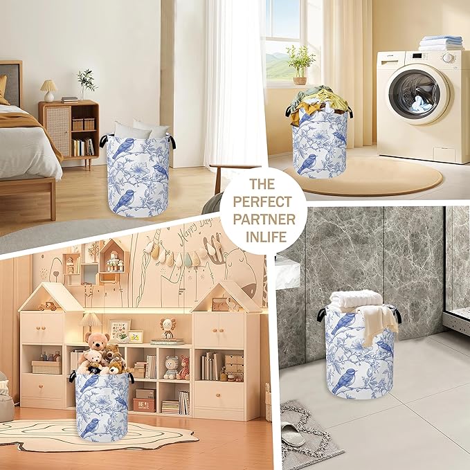 Collapsible Laundry Basket,Blue Birds Dirty Clothes Hamper,Spring Flower Hampers for Bedroom Waterproof Oxford Cloth Storage Organizer for Bathroom,Nursery,Dorm,16x20 Inch