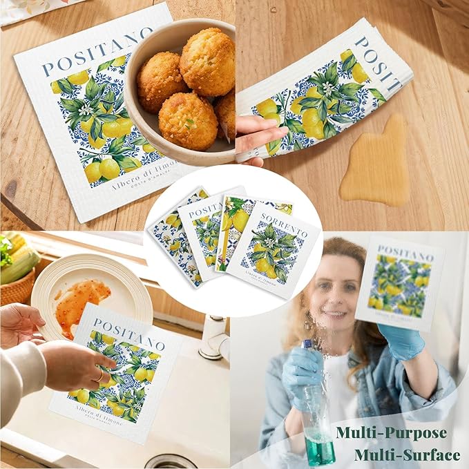 LARTSFRO Swedish Dishcloths for Kitchen, Papaya Reusable Paper Towels Washable, Vintage Floral Summer Lemon Swedish DishCloths for Friut, 4 Pcs Dish Towels for Kitchen, No Odor Cleaning Cloths