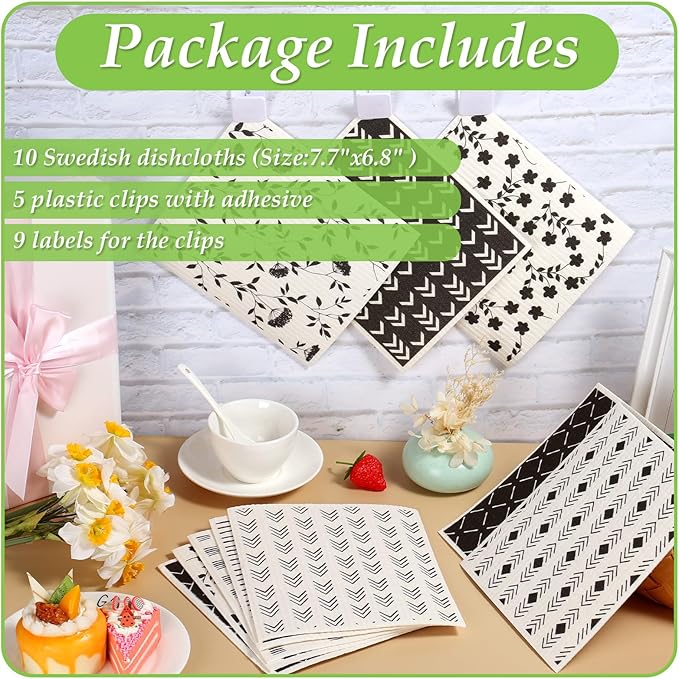 Lucomb 10 Pack Swedish Dishcloths with Hook, Eco-Friendly Reusable Paper Towels Washable Cellulose Sponge Swedish Dish Cloths for Kitchen Counter Cleaning