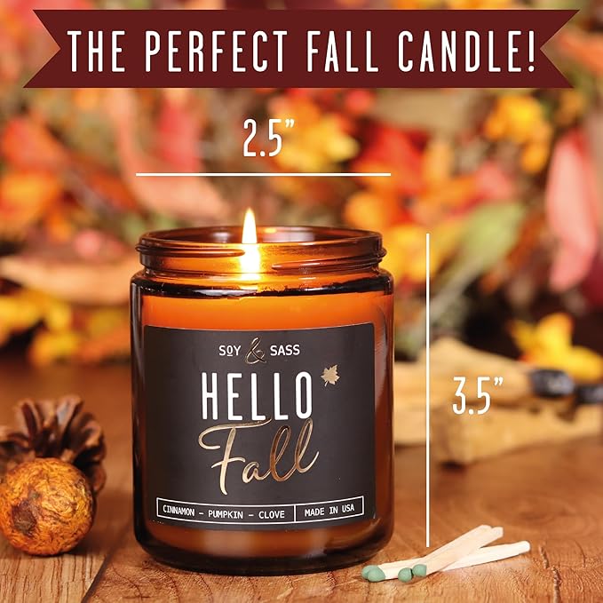 Fall Candles - 'Hello Fall Scented Candle' w/Cinnamon, Pumpkin & Fir I Infused with Essential Oils Autumn Scented Soy Candles for Home Décor, 9oz Reusable Jar, 50Hr Burn, Made in USA
