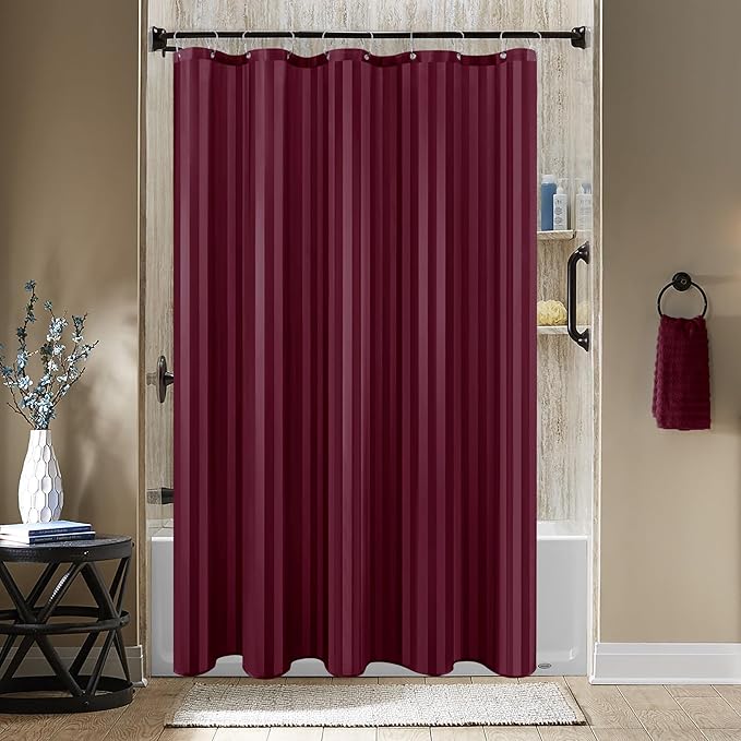 Biscaynebay Fabric Shower Curtain or Liner 72" by 72", Burgundy Water Repellent Damask Stripes Bathroom Curtains Machine Washable